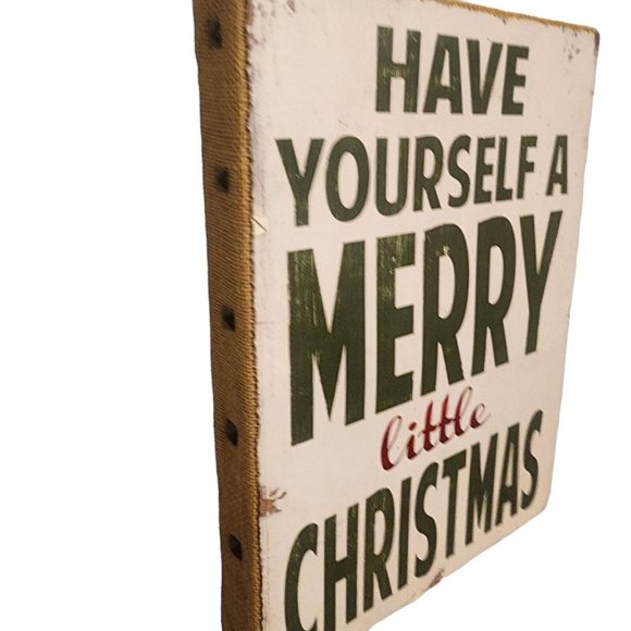 Have Yourself A Merry Little Christmas Burlap Wood Rustic Tabletop Sign 12" X 16 - Picture 6 of 12